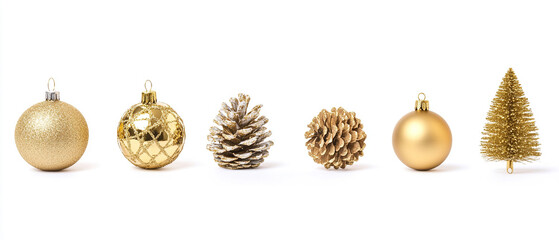 gold christmas decorations on white background