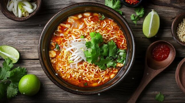 chicken noodle soup with vegetables. Ramen noodles with shrimp