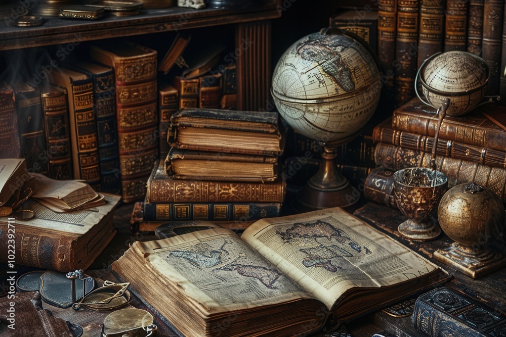 Poster An array of ancient texts and artifacts is displayed on a worn desk, evoking a sense of scholarly exploration and history. Generative AI