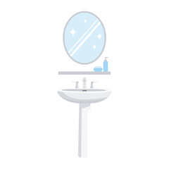 Clean Bathroom Sink with Round Mirror Reflection