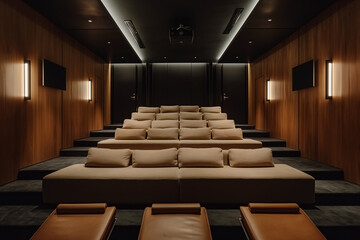 Fototapeta premium Sophisticated media room with dark walls, plush seating, and high-tech equipment. interior design 