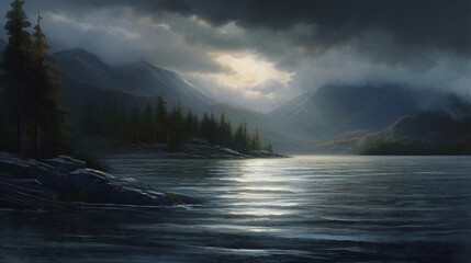 Naklejka premium Trees, valleys, lakes, and natural scenery in the woods on a rainy day