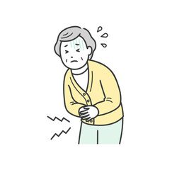 腹痛でお腹を押さえて苦しむ高齢女性の上半身イラスト
