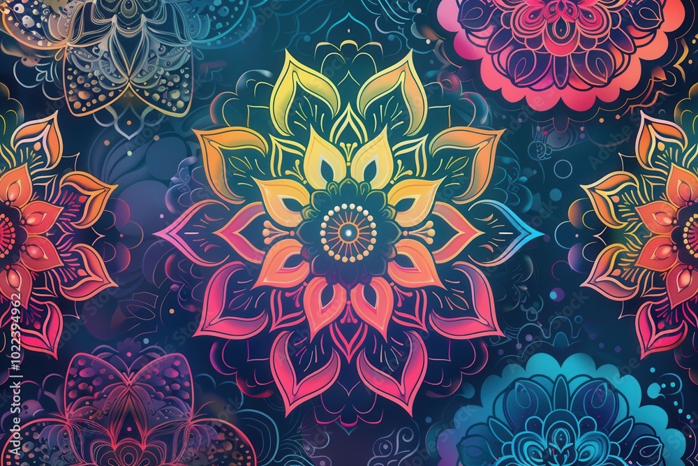 Poster Colorful floral mandalas are intricately designed, forming a stunning pattern that captivates the viewer's attention effectively. Generative AI