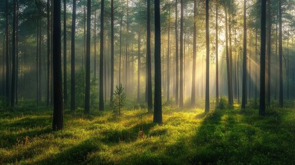 Obraz premium Sunbeams shining through the mist in a dense pine forest, creating a magical and ethereal atmosphere.