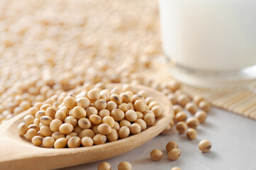 Close-up of dried soybeans in wooden spoon