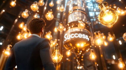 A person in a suit stands in awe, gazing at glowing lightbulbs and a towering display marked "Success," symbolizing ambition and achievement.
