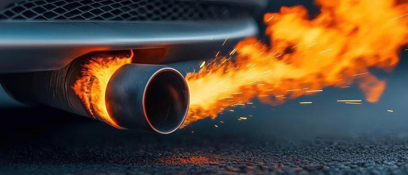 Dynamic image of a car engine backfiring, with flames and sparks shooting out of the exhaust, sparks fly, fire, dynamic