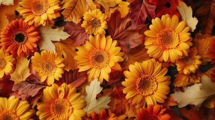 Colorful autumn leaves mix with bright flowers, creating a warm, inviting atmosphere as nature transitions into the fall season. Generative AI
