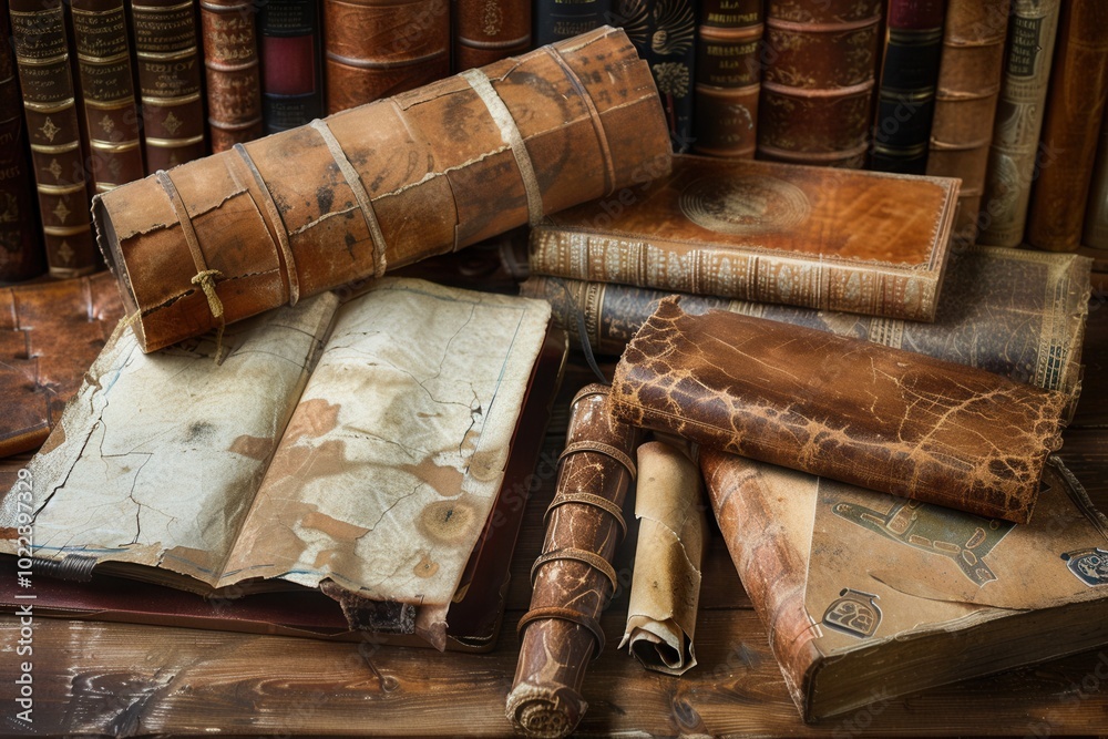 Poster An assortment of ancient books and scrolls rests on a wooden surface, revealing their aged textures and historical significance. Generative AI