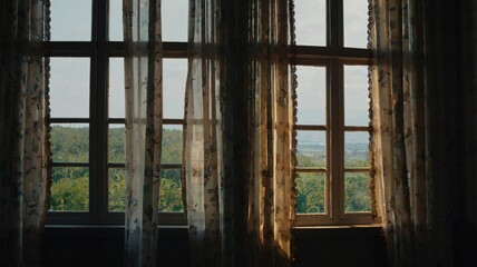Fototapeta premium Natural light filters through vintage curtains, revealing a lush landscape outside a cozy window in the early evening