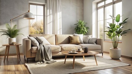 Cozy Minimalist Living Room with Plush Sofa and Inviting Ambiance
