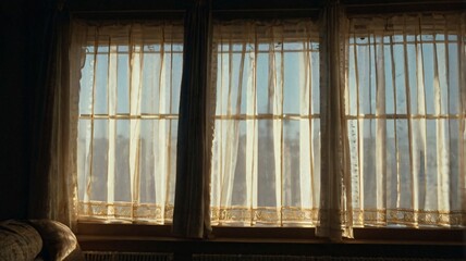 Fototapeta premium Light streaming through sheer curtains in a cozy room with a view during golden hour
