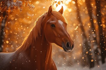 Beautiful palomino horse standing in winter snow at sunset