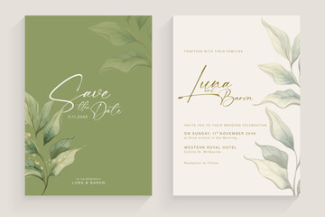 Aesthetic Wedding Invitation with Watercolor Green Leaves Arrangement