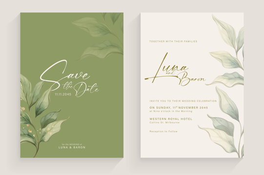 Aesthetic Wedding Invitation with Watercolor Green Leaves Arrangement