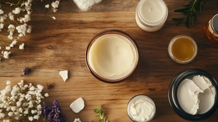 Top view photo for advertising use of cream, body lotion, cream-based products, packaged in jars, containing natural ingredients and decorated around with natural ingredients and flowers.