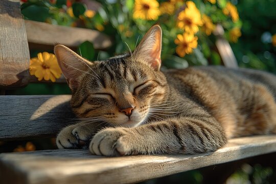 Tabby cat sleeping peacefully on wooden bench