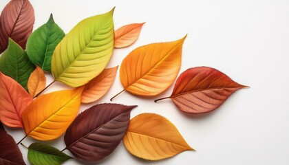 Fototapeta premium a variety of colorful autumn leaves, isolated on a white background, highlighting the vibrant colors of yellow, orange, and green with detailed textures and close-up veins