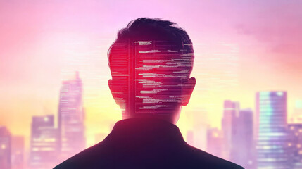 A man stands with his back to the camera, code overlays his head.
