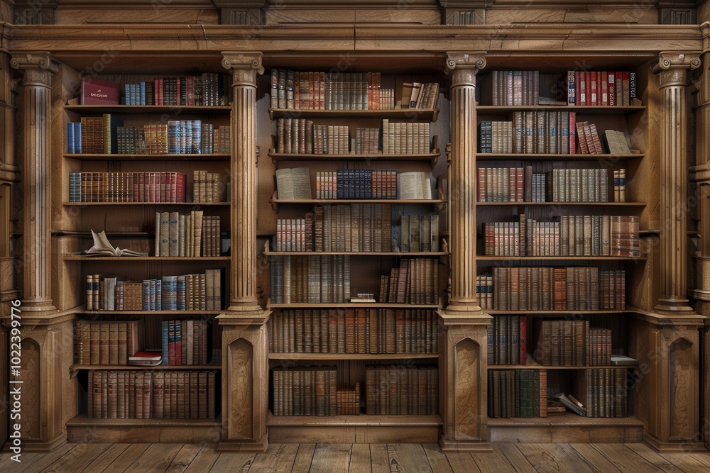 Aufkleber Elegant wooden shelves showcase a diverse array of textbooks and academic literature, creating an inviting scholarly atmosphere. Generative AI