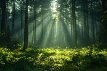 Fototapeta premium Background illustration Foggy morning in the forest with sunlight shining through the trees
