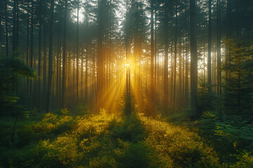 Fototapeta premium Background illustration Foggy morning in the forest with sunlight shining through the trees