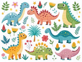 Cute Cartoon Dinosaurs in Scandinavian Style for Kids - Colorful Baby Prints Illustration