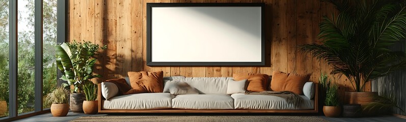 A cozy, modern living room with a neutral sofa, decorative cushions, and greenery, featuring a large blank canvas on a wooden wall.