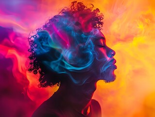 Fototapeta premium A vibrant and colorful silhouette of a person adorned with swirling smoke and light, evoking creativity and imagination.