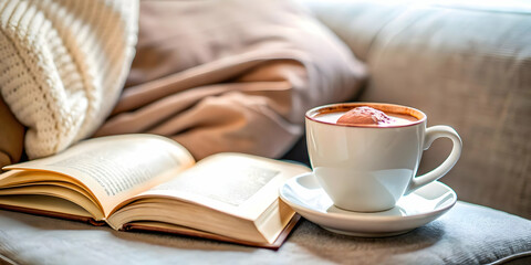Soft Focus on a Cozy Living Room with a Cup of Cocoa and Open Book - Close Up Shot Highlighting Comfort and Leisure in Photo Stock