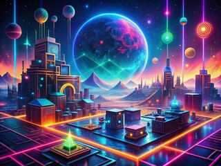 Obraz premium Cyberpunk Retro Futuristic Aerial Abstract Design Elements for Trendy 2022 Posters