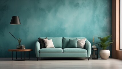 Modern living room in loft style, featuring a sofa near a grunge teal stucco wall with ample copy space.-