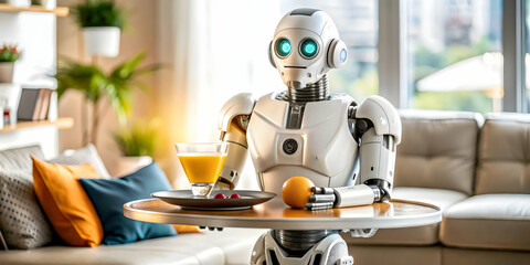 Macro Image of Futuristic Robot Assistant Serving Beverage in Cozy Living Room - Advanced Technology Symbolizes Convenience and Comfort in Home Environment - Stock Photo Concept
