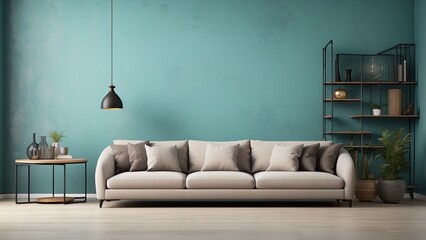 Loft-inspired living room design with a sofa against a grunge teal stucco wall, offering a spacious copy space.-
