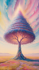  A mysterious towering tree with pastel colors