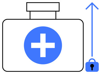 A minimalist style medical first aid kit with a blue cross symbol, accompanied by an upward arrow and a blue lock. Ideal for health care, first aid, safety, medical security, emergency preparedness