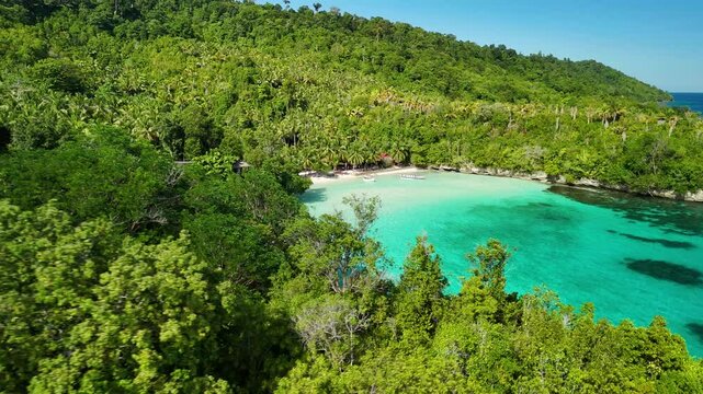 INDONESIA - 9.4.2024 - Stunning aerial footage moving towards the beach of Indonesia's tree-covered Malenge Island.
