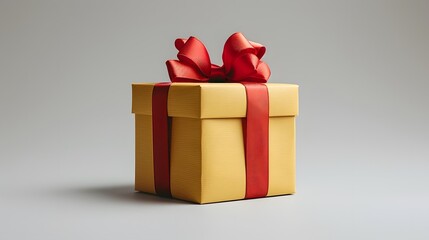 6. A minimalist image with a white background featuring a single yellow gift box with a red bow, positioned in the center