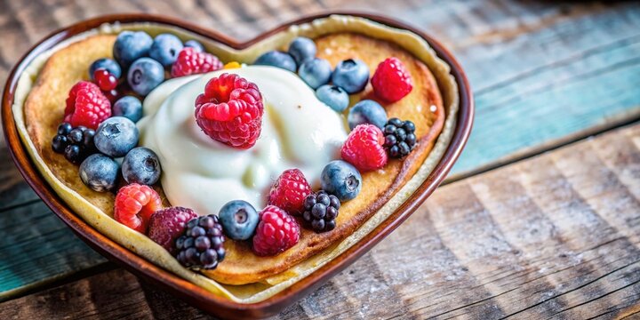 Delicious Russian Oladyi Pancakes with Sour Cream and Berries in Rustic Heart-Shaped Bowl on Wooden Table