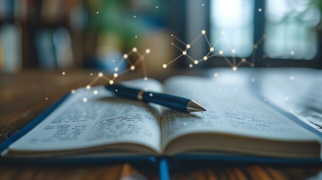 15. A minimalist image with a white background highlighting a single blue notebook with a pen on top, placed centrally