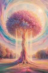  A mysterious towering tree with pastel colors