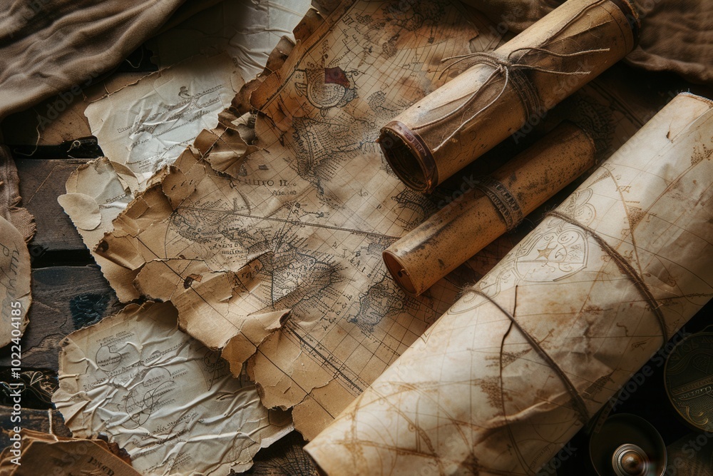 Poster resting on a wooden surface, ancient scrolls and worn maps tell tales of the past, inviting explorat