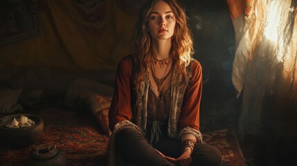 Obraz premium A Young Woman Wearing Bohemian Clothing Sits with Her Legs Crossed Inside a Tent