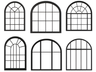 Collection of black-framed window designs for architectural projects