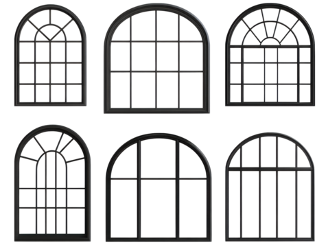 Collection of black-framed window designs for architectural projects