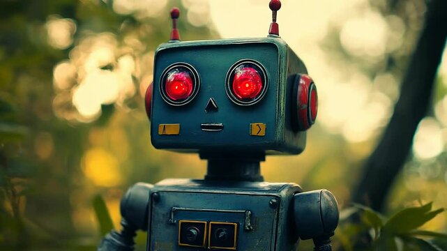 Retro Robot with Glowing Eyes in Lush Forest Setting