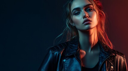 Close-up portrait of a young woman with long blonde hair wearing a black leather jacket, illuminated by blue and red light.