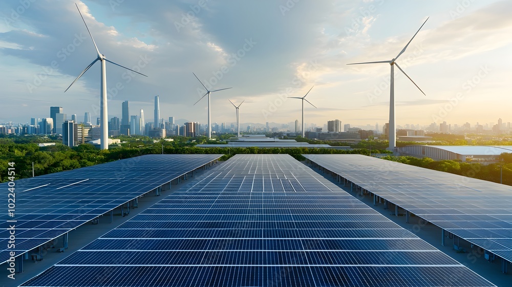 Poster renewable energy powering a vast interconnected network of solar panels and wind turbines working in