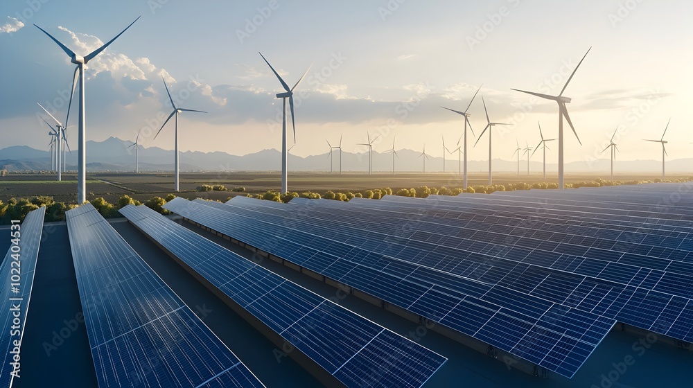 Leinwandbilder a futuristic vision of a vast interconnected network of solar panels and wind turbines working in ha